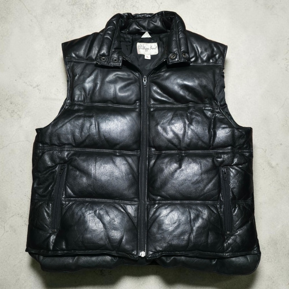 Vintage Phillippe Monet Black Leather Puffer Vest Down Biker Moto Womens Large
